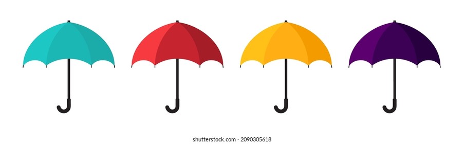 Umbrella icon. Cartoon umbrella icons. Colorful parasols for rain, water and sun. Parasol with handle. Yellow, blue, red colors. Flat vector illustration.