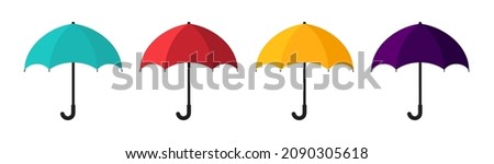 Umbrella icon. Cartoon umbrella icons. Colorful parasols for rain, water and sun. Parasol with handle. Yellow, blue, red colors. Flat vector illustration.