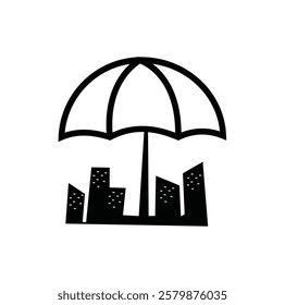 An umbrella icon with a city skyline beneath it, can be used by insurance companies to depict protection services for property, urban environments, or city residents.