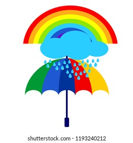 Umbrella icon with cloud and rainbow. Rain protection symbol. Flat design style.