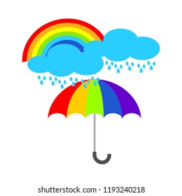 Umbrella icon with cloud and rainbow. Rain protection symbol. Flat design style.