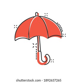 Umbrella icon in comic style. Parasol cartoon vector illustration on white isolated background. Canopy splash effect business concept.