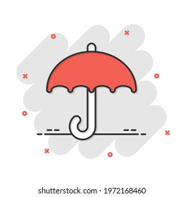 Umbrella icon in comic style. Parasol cartoon vector illustration on white isolated background. Canopy splash effect business concept.