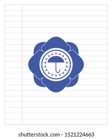 umbrella icon emblem draw with pen effect. Blue ink. Vector Illustration. Detailed.