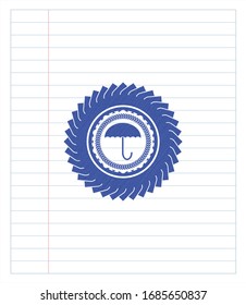 umbrella icon emblem draw with pen effect. Blue ink. Vector Illustration. Detailed.