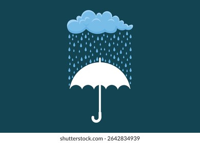 Umbrella icon with falling rain drops in flat cartoon vector, colorful pastel tones, seamless weather background for digital artwork, kids visuals, and creative decoration

