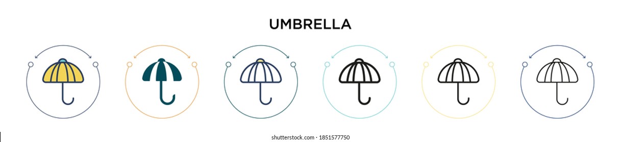 Umbrella icon in filled, thin line, outline and stroke style. Vector illustration of two colored and black umbrella vector icons designs can be used for mobile, ui, web