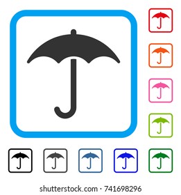 Umbrella icon. Flat gray iconic symbol inside a light blue rounded squared frame. Black, gray, green, blue, red, orange color additional versions of Umbrella vector.