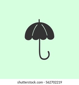 Umbrella icon flat. Grey vector symbol on green background