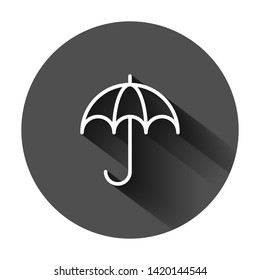 Umbrella icon in flat style. Parasol vector illustration on black round background with long shadow. Umbel business concept.