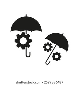 Umbrella icon. Gear protection symbol. Safety mechanism illustration. Vector shield sign.