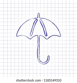 umbrella icon. Hand drawn picture on paper sheet. Blue ink, outline sketch style. Doodle on checkered background