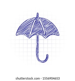 umbrella icon. Hand drawn sketched picture with scribble fill. Blue ink. Doodle on white background