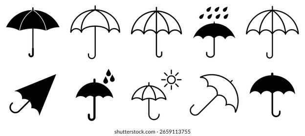 Umbrella icon illustration design. Umbrella vector silhouette and outline icon.Umbrella in flat design style. Simple black umbrella graphic design. Vector illustration. 