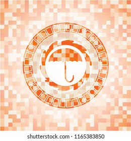 umbrella icon inside abstract emblem, orange mosaic background