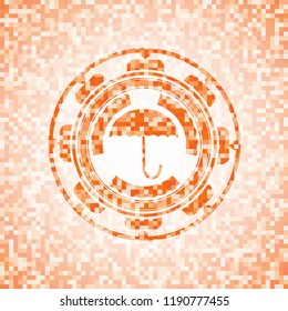 umbrella icon inside abstract emblem, orange mosaic background