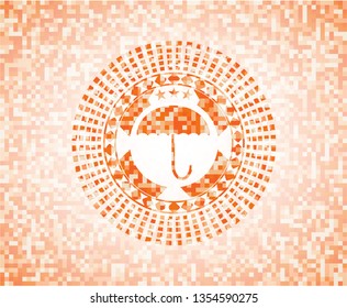 umbrella icon inside abstract orange mosaic emblem with background