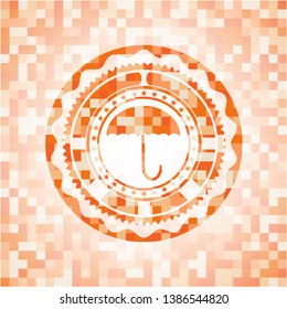 umbrella icon inside abstract orange mosaic emblem