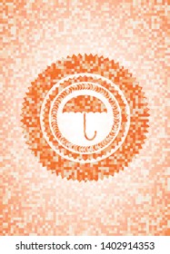 umbrella icon inside abstract orange mosaic emblem