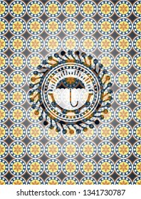 umbrella icon inside arabesque badge background. arabic decoration.