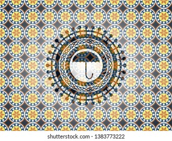 umbrella icon inside arabesque badge background. arabic decoration.