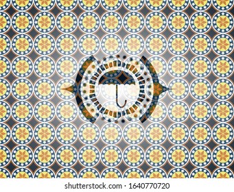 umbrella icon inside arabesque badge background. arabic decoration.
