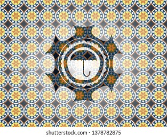umbrella icon inside arabesque emblem background. arabic decoration.