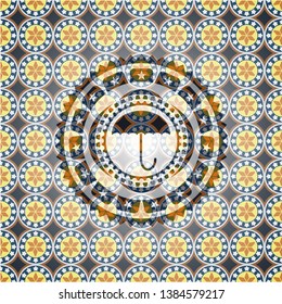 umbrella icon inside arabic badge. Arabesque decoration.