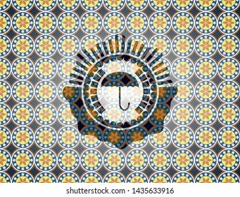 umbrella icon inside arabic badge. Arabesque decoration.