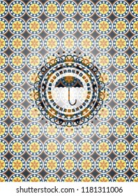 umbrella icon inside arabic style emblem. Arabesque decoration.