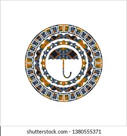 umbrella icon inside arabic style emblem. Arabesque decoration.