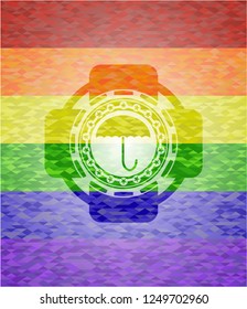 umbrella icon inside emblem on mosaic background with the colors of the LGBT flag