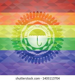 umbrella icon inside emblem on mosaic background with the colors of the LGBT flag