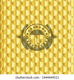 umbrella icon inside gold emblem or badge. Scales pattern. Vector Illustration. Detailed.