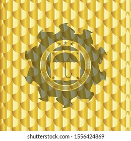umbrella icon inside gold emblem or badge. Scales pattern. Vector Illustration. Detailed.