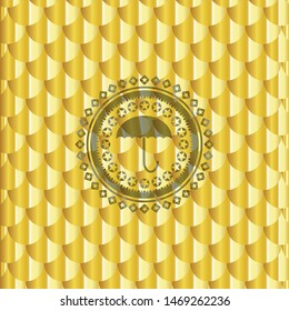 umbrella icon inside golden badge or emblem. Scales pattern. Vector Illustration. Detailed.