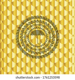 umbrella icon inside golden badge or emblem. Scales pattern. Vector Illustration. Detailed. 