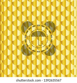 umbrella icon inside golden emblem or badge. Scales pattern. Vector Illustration. Detailed.
