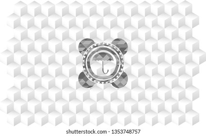 umbrella icon inside grey emblem with cube white background