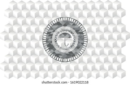 umbrella icon inside grey emblem. Vintage with geometric cube white background