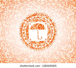 umbrella icon inside orange mosaic emblem with background