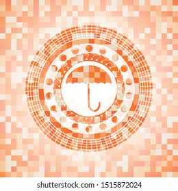 umbrella icon inside orange mosaic emblem with background