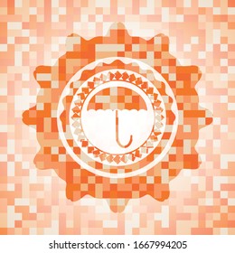 umbrella icon inside orange mosaic emblem with background