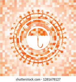 umbrella icon inside orange tile background illustration. Square geometric mosaic seamless pattern with emblem inside.