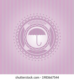 umbrella icon inside realistic pink emblem. Detailed design. 