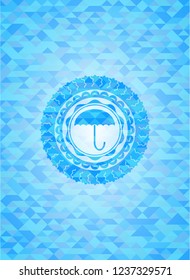 umbrella icon inside realistic sky blue emblem. Mosaic background
