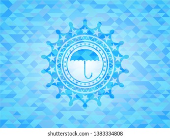 umbrella icon inside realistic sky blue emblem. Mosaic background