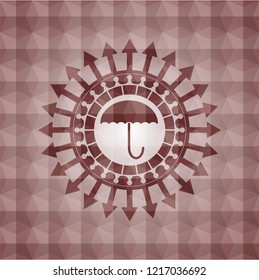 umbrella icon inside red badge with geometric pattern background. Seamless.