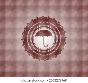 umbrella icon inside red badge with geometric pattern. Seamless. 
