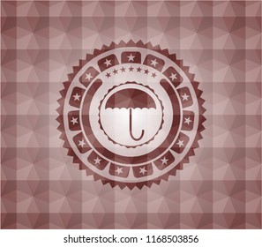 umbrella icon inside red emblem or badge with abstract geometric pattern background. Seamless.
